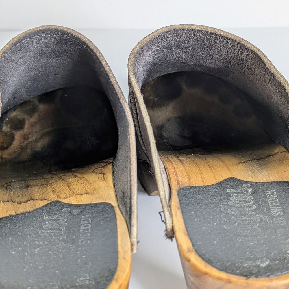 Sandgrens Maya Clogs 39 Brown Nubuck Leather 3" Heel Swedish Wood Base Runs 8.5 - Picture 13 of 16